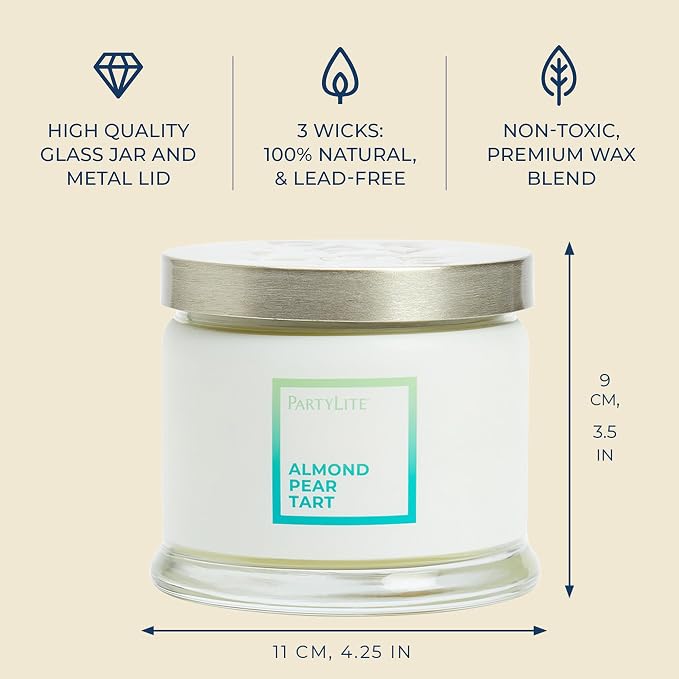 PartyLite 3-Wick Jar Candle, Highly Fragranced Clean Burning Glass Candle, 25-45 Hours Burn Time (Almond Pear Tart)