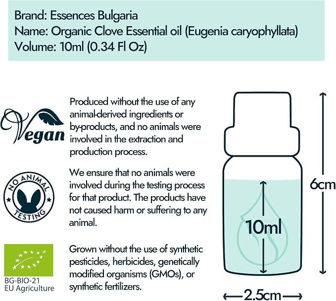 Essences Bulgaria Organic Clove Essential Oil 0.34 Fl Oz | 10ml | Eugenia caryophyllata | 100% Pure and Natural | Undiluted | Therapeutic Grade | Aromatherapy | Cosmetics | Cruelty Free | Non-GMO