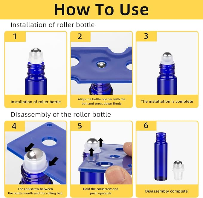 10ML Essential Oil Roller Bottles, 6 Pack Blue Oil Roller Bottles for Essential Oils, Roll on Bottle with Stainless Steel Balls(6 Labels, Opener, Funnel, Dropper Included)