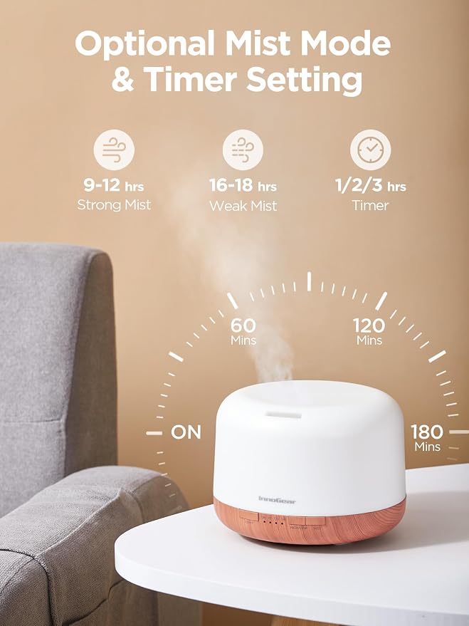 InnoGear 500ml Essential Oil Diffuser with Remote Control, Premium Ultrasonic Aromatherapy Diffusers Mother's Gift Scent Humidifier Vaporizer Auto-Off Timer for Large Room Home, Yellow