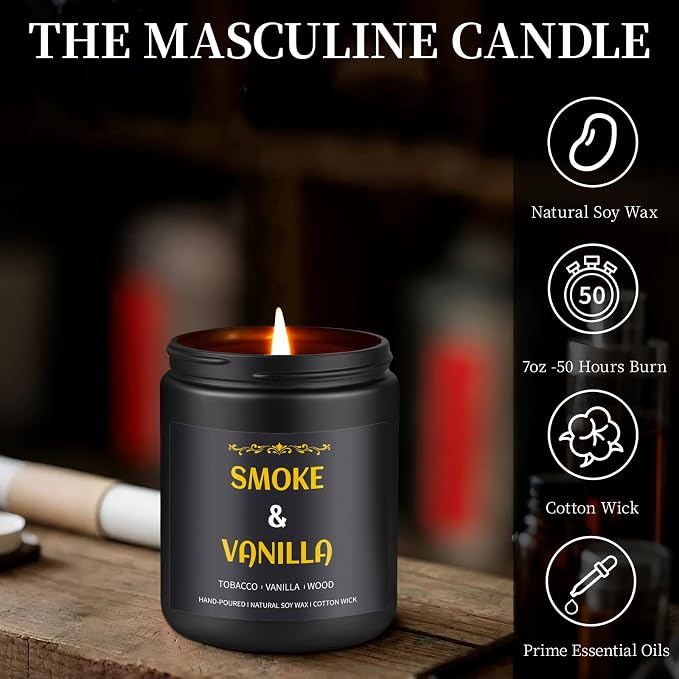 Smoke & Vanilla Candle, 7 oz Scented Candle for Men, Soy Candles for Home Scented, Masculine Jar Candle for Him, 50 Hours Burning Time Mens Candle Gift for Boyfriend, Father, Birthday Present Giving