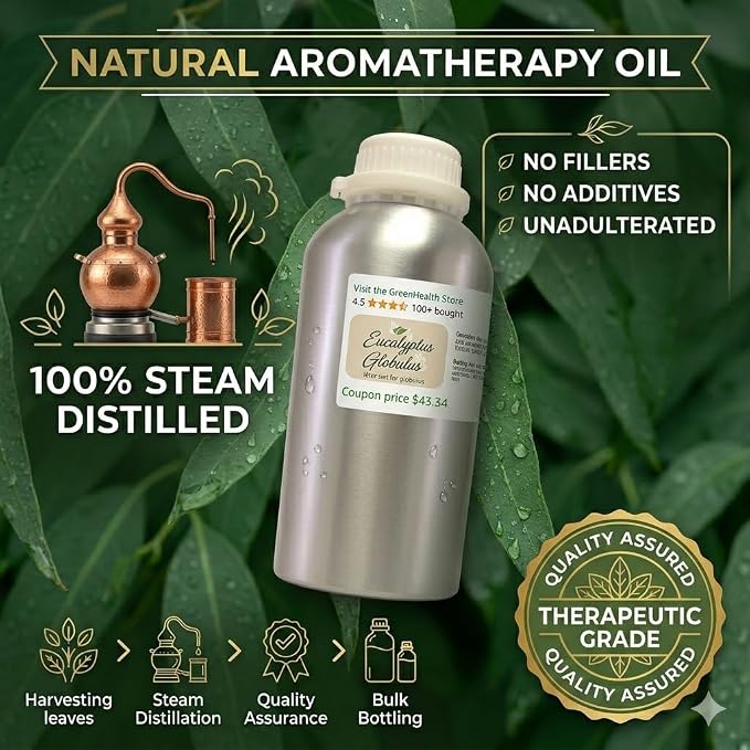 GreenHealth Eucalyptus Essential Oil – 32 fl oz (946 ml) – 100% Pure & Natural – Bulk Aromatherapy Oil in Aluminum Bottle – for Diffuser, Cleaning, Air Freshener, Home Fragrance