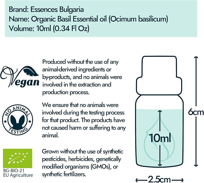 Essences Bulgaria Organic Basil Essential Oil 1/3 Fl Oz | 10ml | Ocimum basilicum | 100% Pure and Natural | Undiluted | Therapeutic Grade | Family Owned Farm | Steam-Distilled | Non-GMO | Vegan