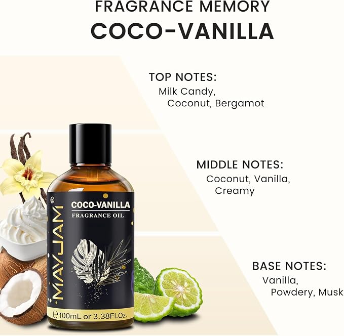 Coco-Vanilla Fragrance Oil Essential Oil, MAYJAM 3.38FL.OZ Coconut Vanilla Oil for Diffusers for Home, Long Lasting Scented Oils for Soap Candle Making - 100ML