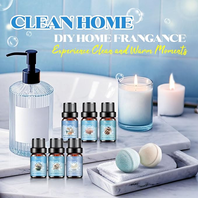 Clean Essential Ois for Laundry, Fragrance Oil for Diffuser for Home,Candle & Soap Making, Fresh Linen, Fresh Cotton, Laundromat, Blossom Soap,Pure White Comfort, Fluffy Towels, Strong Scented Oils