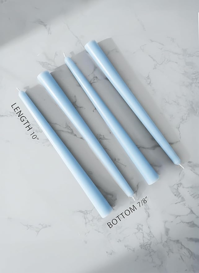 10" Classic Taper Candles, Sky Blue, 4-Pack, 7-8 Hours Long Burning, Unscented Tall Candlesticks