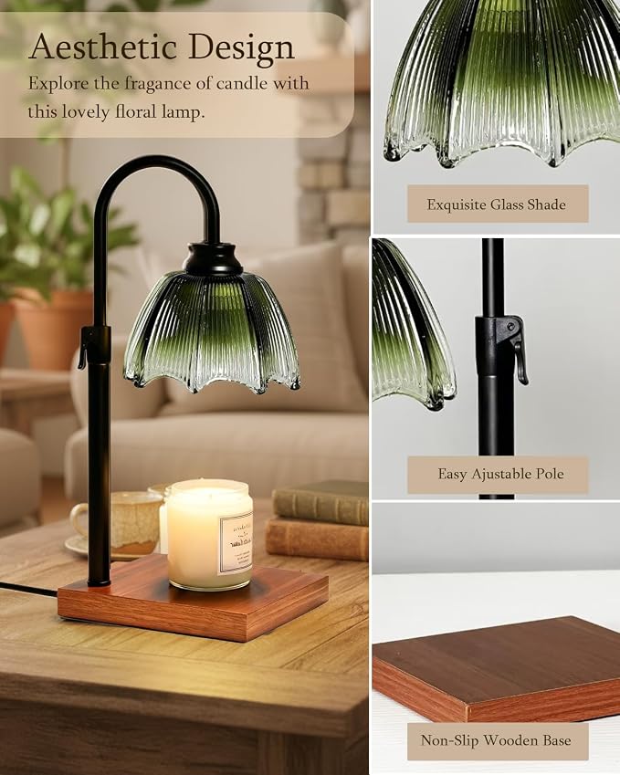 Farmhouse Candle Warmer Lamp with Timer Dimmable Adjustable, Vintage Glass Wax Heated Lamp Wood Base for Large Jar Candles, Gifts for Mothers Day House Warming New Home Office Decor (Green Gradient)
