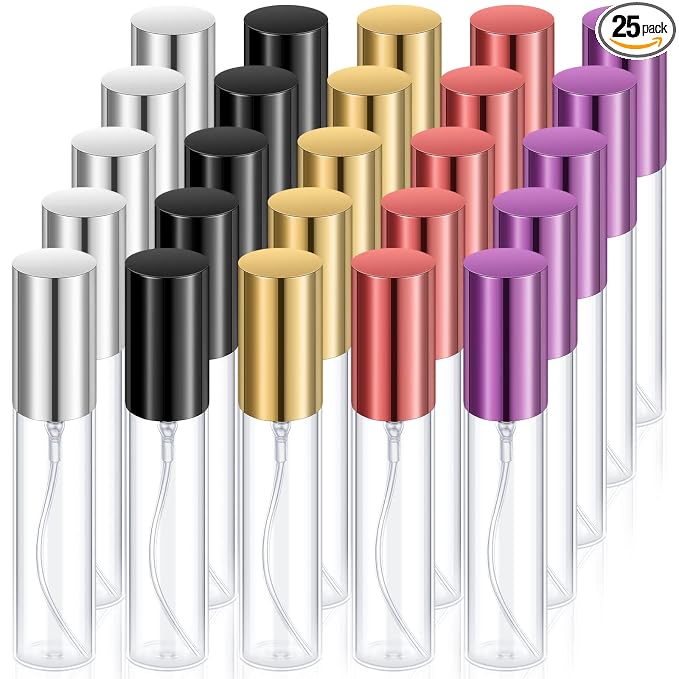 Yinder 25 Pcs 10ml Travel Spray Bottle Refillable Perfume Atomizer Bulk Glass Mini Cologne Perfume Bottles Empty Fine Mist Portable Small Sample Containers(Black, Red, Purple, Gold, Silver)