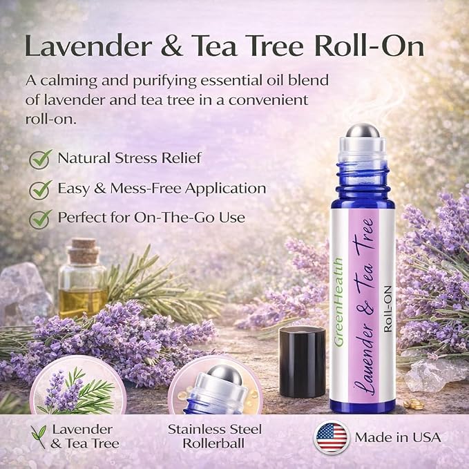 GreenHealth Lavender & Tea Tree Essential Oil Roll On 10 ml – Pre-Diluted Aromatherapy Roller, Ready to Use, Portable Roll-On, Relaxing Lavender & Refreshing Tea Tree Blend for On-the-Go Use