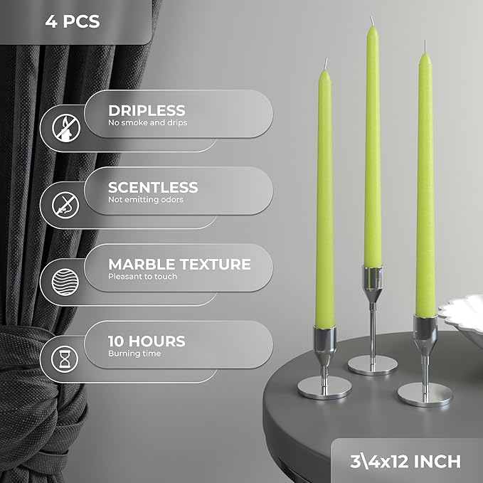 CANDWAX 12 inch Taper Candles Set of 4 - Dripless and Smokeless Candles Unscented - Slow Burning Candle Sticks - Olive Candle Taper