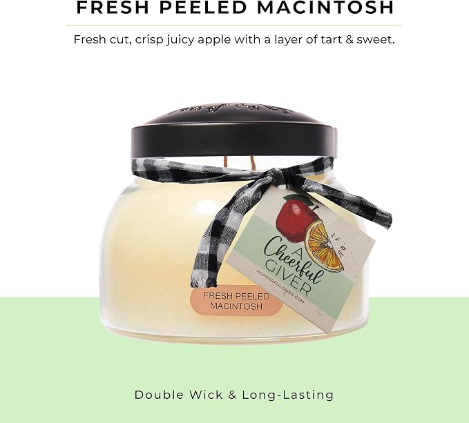 A Cheerful Giver - Fresh Peeled Macintosh Mama Scented Glass Jar Candle (22oz) with Lid & True to Life Fragrance Made in USA