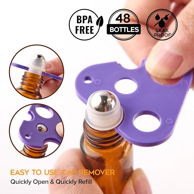 Hoa Kinh Roller Bottles for Essential Oils 10ml 48Pack Empty Amber Glass Perfume Roller Bottles with Stainless Steel Balls Refillable Roller Ball Applicator for Hair, Essential Oil