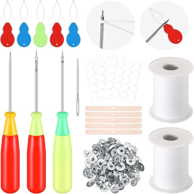 Zeyune 20 Pcs Candle Wick Needle for Silicone Molds, Mold Punch Needle with Hook & Eye, Candle Inserting Tool, Wick Holders, Thread, Stickers and Tabs