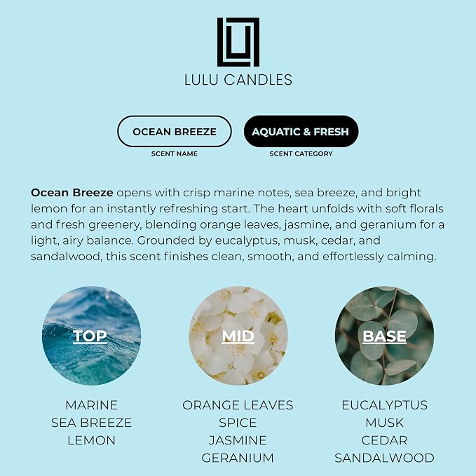 Lulu Candles | Ocean Breeze | Luxury Scented Soy Jar Candle | Hand Poured in The USA | Highly Scented & Long Lasting (9 Oz.)
