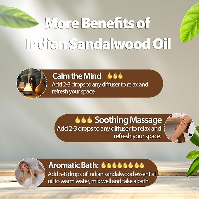 PHATOIL Indian Sandalwood Essential Oil, Pure Premium Natural Oil for Hair Care, Body Skin Care, Aromatherapy, DIY Candle, Soap Making 3.38Fl Oz