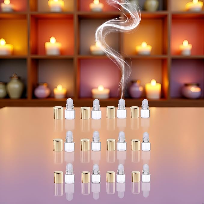 Glass Essential Oil Roller Bottles,12 Pcs Gold 1ml Mini Glass Roll on Bottles Roller Refillable Essential Oil Aromatherapy Sample Vials Container, Refillable Cosmetic Roller Bottles