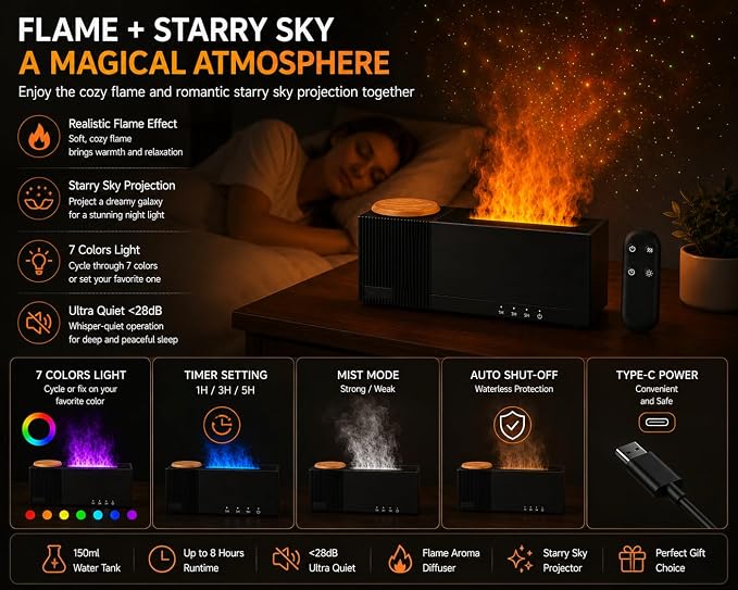 Starry Sky Aroma Diffuser with Flame Effect, 150ml Ultrasonic Essential Oil Humidifier, 7 Colors LED, Remote Control, Timer, Ultra-Quiet for Bedroom, Office, Home Relaxation(Black)