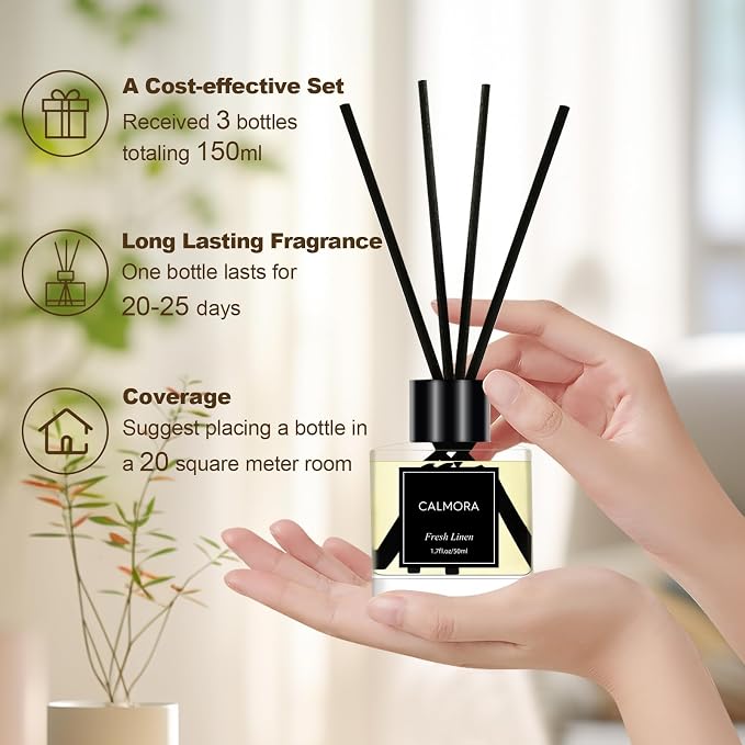 CALMORA Reed Diffuser Set of 3, 50ml Fresh Linen/Eucalyptus & Mint/Ocean Scented Oil Diffuser with 15 Sticks | Home Fragrance for Bedroom, Bathroom, Office & Living Room