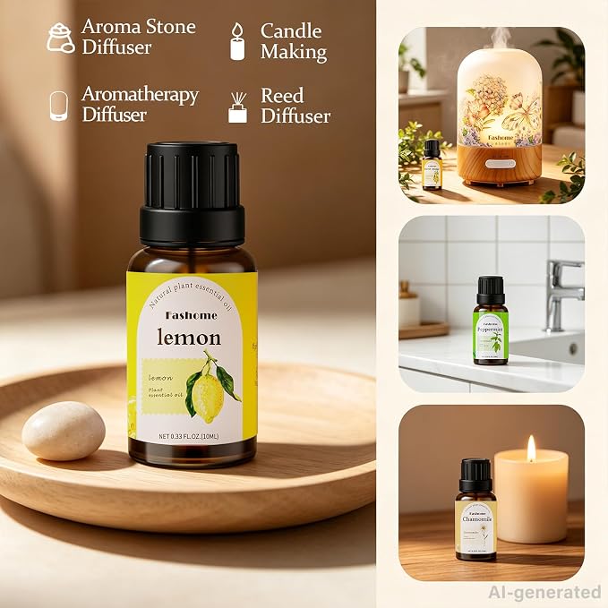 Fashome Energizing Essential Oils Set, 6-Pack,10ml for Diffusers & DIY | Citrus & Floral Aromatherapy Oils for Home Office & Focus - Peppermint, Sweet Orange, Lemon & Frankincense