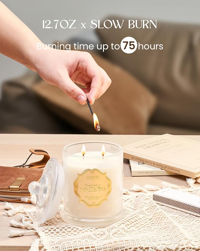 M&SENSE Creamy Vanilla Pie Scented Candle, 12.7oz Large Jar Soy Candle for Home
