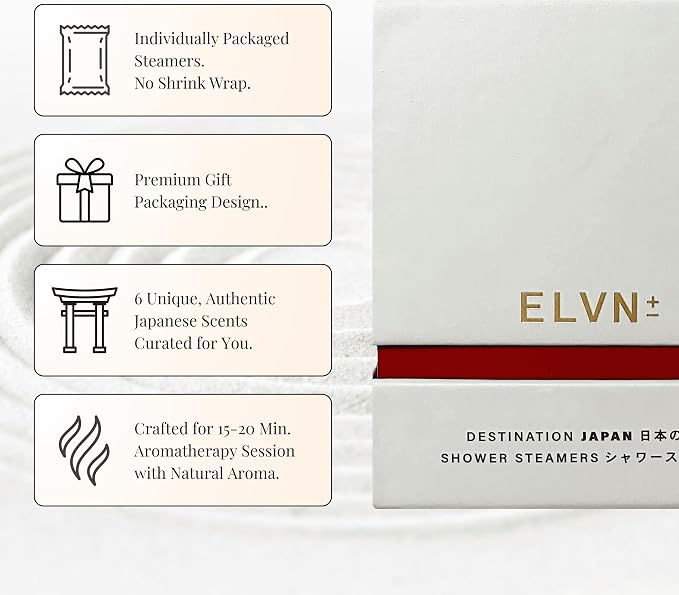 ELVN± Aromatherapy Shower Steamers - 6 Rare Japanese Scents (Yuzu, Moss, Sakura) - Natural Shower Bombs for Stress Relief, Focus & Sleep - Luxury Self Care Gifts for Women & Men - Sustainable Spa Kit