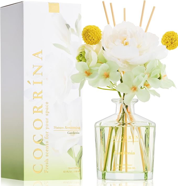COCORRÍNA Reed Diffuser - Gardenia 8.5 Fl.oz Flower Reed Diffuser Set with 8 Sticks, Home Fragrance Reed Diffuser for Home Bedroom Office Bathroom Shelf Decor (Master Collection)