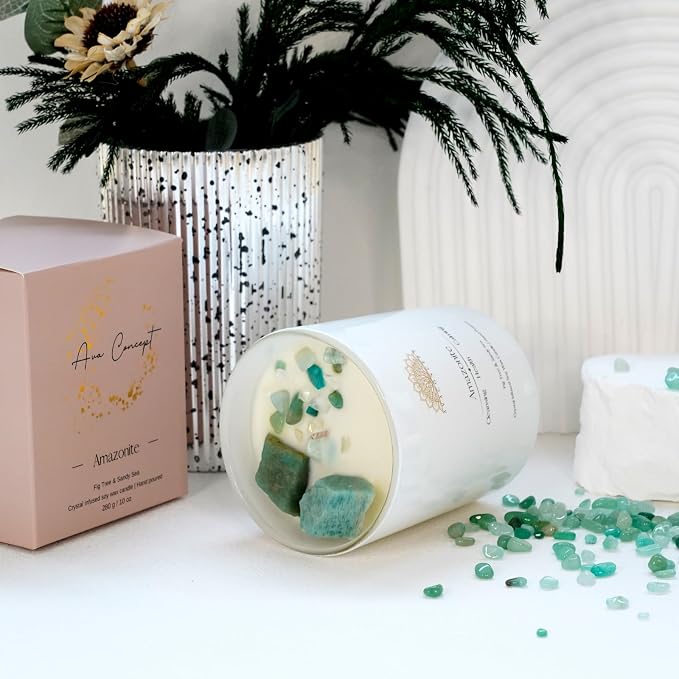 Amazonite Crystal Candle – 10oz / 280g Fig Tree & Sandy Sea Aromatherapy Hand-Poured Soy Wax Genuine Amazonite Healing Crystals Embedded Cleansing, Health & Calming Gift Box Included