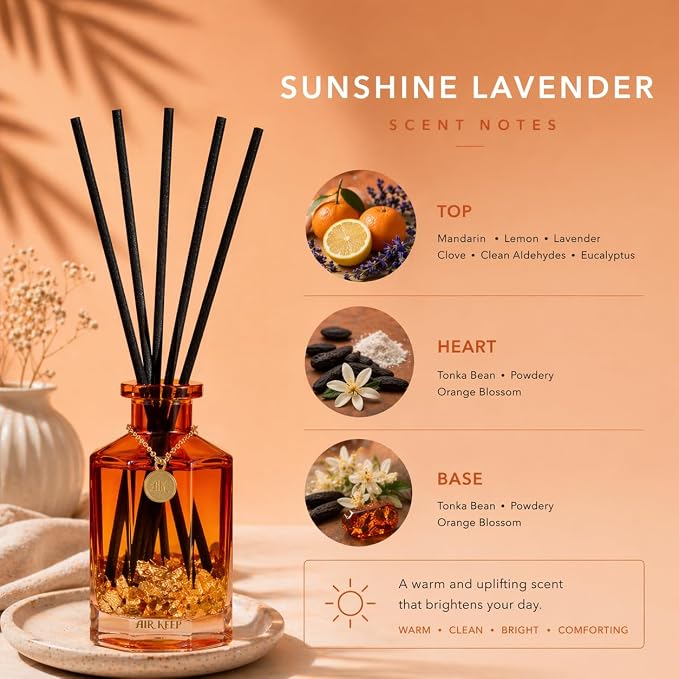 Airkeep Reed Diffuser Set,Sunshine Lavender Luxury Scented Diffuser with Sticks Long Lasting Home Fragrance for Bathroom Shelf Decor 6.09 fl oz (180ml)