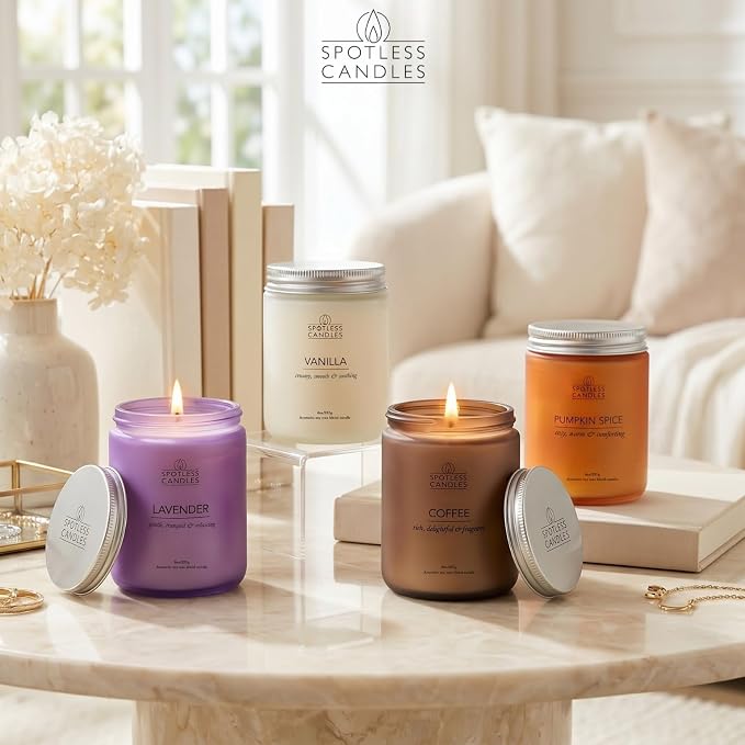 Classic Candle Gift Set; 4 x 8oz Scented Candles in Frosted Glass Jars; Coffee, Vanilla, Lavender, Pumpkin Spice; 200 Hours Burn Time; Gifts Set for Women; Premium Gift Box by Spotless Candles