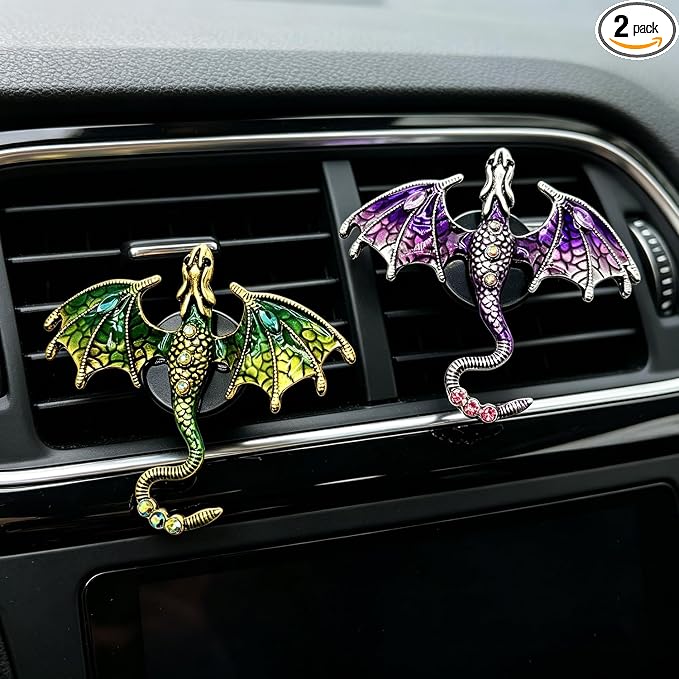 2 Pcs Bling Dragon Car Air Freshener Vent Clips, Crystal Rhinestone and Enamel Dragon Air Vent Clips Car Diffuser Cute Car Interior Decoration Accessories for Women Gift (Green Purple)