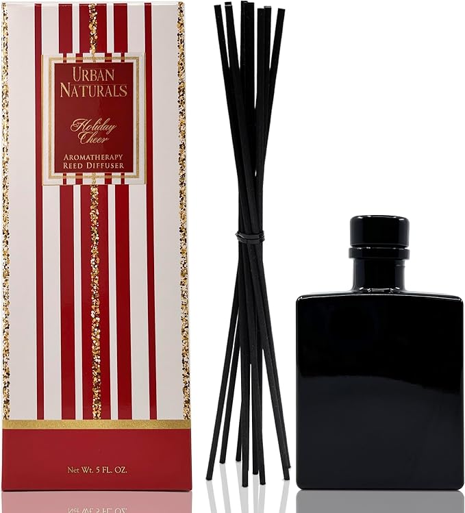 Urban Naturals Holiday Cheer Reed Diffuser Set – Cranberry, Cinnamon, Evergreen, Cedar & Smokey Wood – 5 Ounce Sleek Black Rectangular Refillable Glass Bottle – Made in the USA