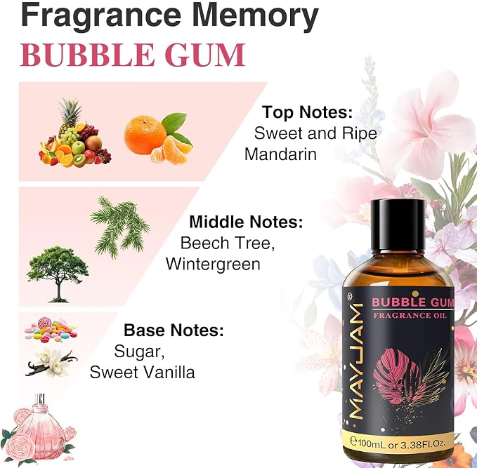 MAYJAM 100ML/3.38FL.OZ Bubble Gum Fragrance Oils with Glass Dropper, Essential Oils for Diffusers for Home, Long Lasting Scented Oils for Diffusers Soap Candle Making