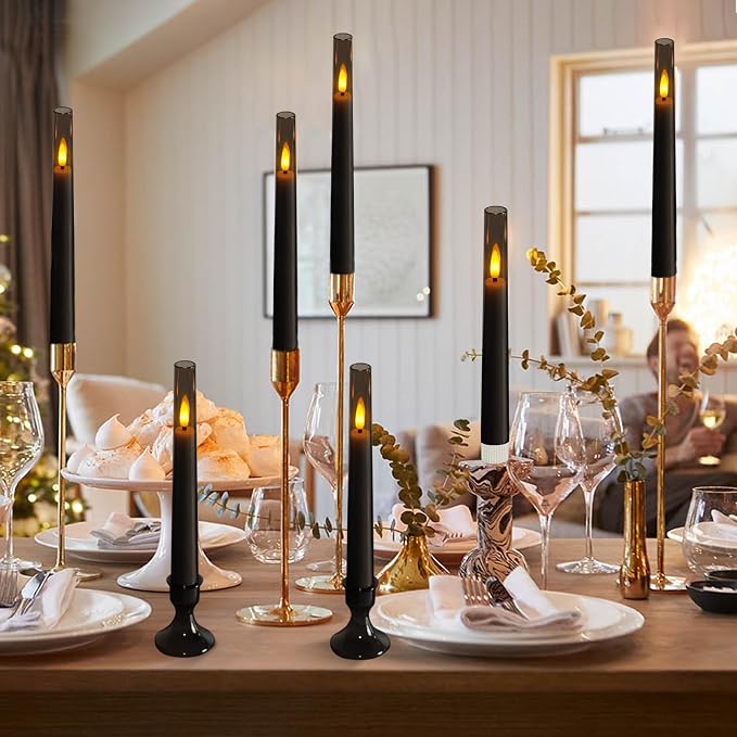 Lezonic Flameless Windows Candles Battery Operated with Timer Remote, 6Pcs Grey Acrylic Flameless Candlesticks with Holders, LED Taper Candles Flickering for Halloween Christmas, 0.8 x 8 inches