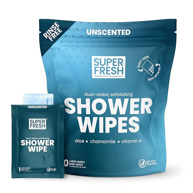 Super Fresh Shower Body Wipes, Travel Essentials for Camping, Large Unscented for Adults, Women, Men, Kids Personal Hygiene Cloth Enriched with Aloe and Vitamin E, Individually Wrapped 10 Pack