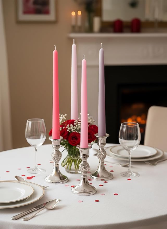 10" Classic Taper Candles, Muted Pink Shades, 4-Pack, 7-8 Hours Long Burning, Unscented Tall Candlesticks