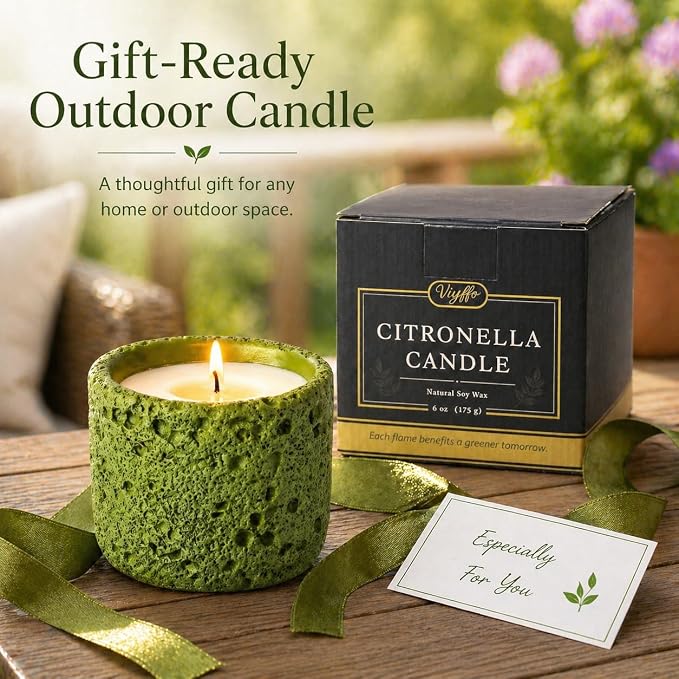 Viyffo 6oz Citronella Candle Outdoor, Small Citronella Candle Indoor, Candles for Home Scented, Non Toxic Soy, Green Ceramic Jar for Patio, Backyard Décor & Camping Gift (12+ Hours Burn)