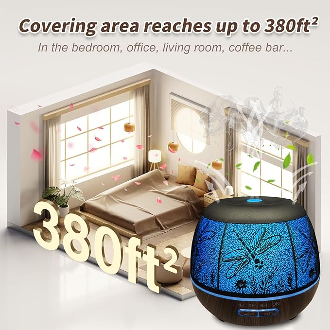 Roonbo Diffusers for Essential Oils Large Room 400ml,Essential Oil Diffuser for Home with R/C,Cool Mist Humidifiers for Bedroom,7 Colors Changed & 3 Mist Mode Waterless Auto Off for Decor Dragonfly
