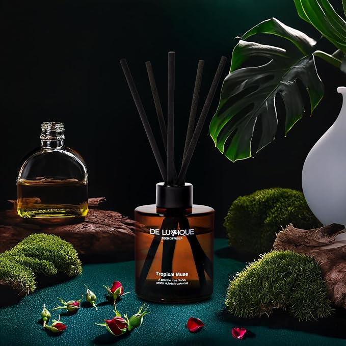 Tropical Muse Scent Reed Diffuser for Bathroom – Bathroom Diffuser with Sticks – Long Lasting Aroma with Essential Oils – with Rose, Oakmoss & Peony – 150ml