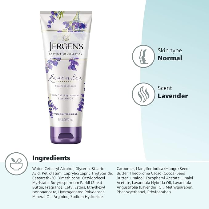 Jergens Lavender Body Butter Hand and Body Lotion, Moisturizer for Women, with Essential Oils for Indulgent Moisturization, 7 Oz (Pack of 5)