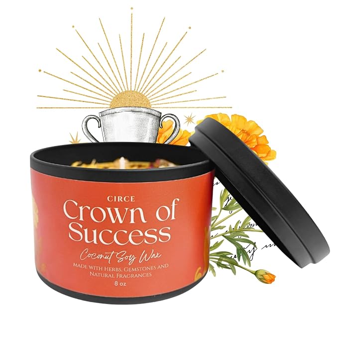 Circe Spell Candle “Crown of Success” Coconut Soy Wax Candle Jar – Premium Hand Poured & Long Burning – Herbs, Crystals & Natural Fragrance Oils - Attract Confidence & Abundance - Self Care, Gift- 8oz
