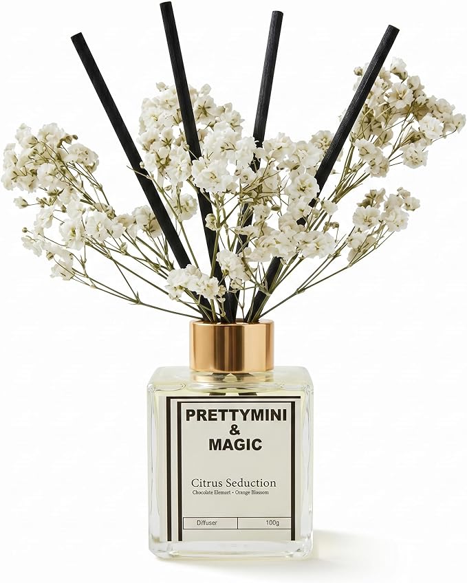 PRETTYMINI & MAGIC Reed Diffuser Set – Chocolate Element + Orange Blossom Home Fragrance, Long-Lasting Reed Diffusers for Home Fragrance with Sticks for Bedroom, Bathroom & Shelf Décor – 100g