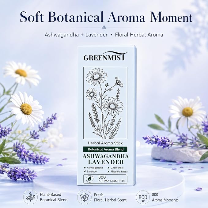 GREENMIST Ashwagandha Lavender Herbal Aroma Stick, Plant-Based Botanical Scent Accessory, Portable Silicone Stick, Chamomile Rhodiola Notes, Blue, 800 Aroma Moments, 1 Pack