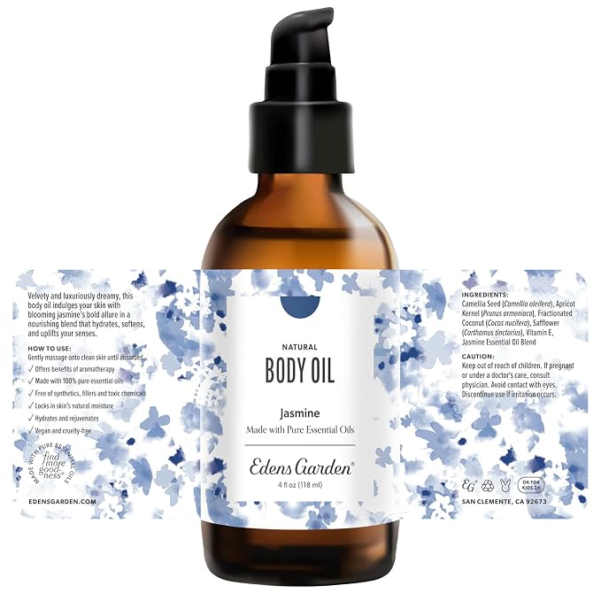 Edens Garden Jasmine Body Oil – Bath, Body & Massage Oil with Pure Essential Oils & Vitamin E, Moisturizing Floral Aromatherapy for Skincare, 4 fl oz (118 ml)