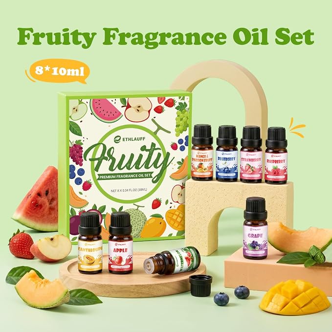 Fruity Fragrance Oil, Premium Fruit Essential Oils for Diffuser, Candle Soap Making Scents, 10ml/0.33fl.oz, Apple, Cantaloupe, Strawberry, Grape, Fruit Scented Oils for DIY, Bath Bombs Making