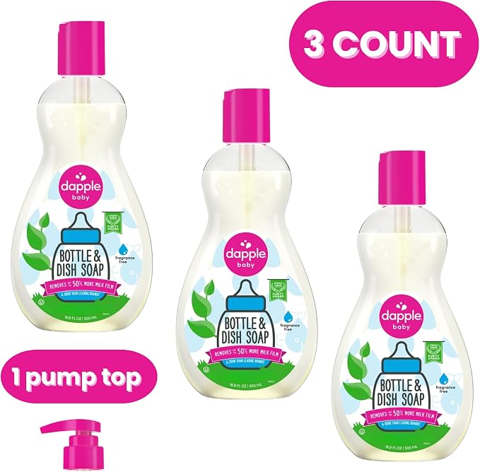 Dapple Baby Fragrance Free Bottle & Dish Soap - (3 Pack) 16.9 fl oz - Cleans Baby Bottles, Sippy Cups, Pacifiers, Breast Pumps, & More - Gently Removes Milk Film & Odors - Includes 1 Pump