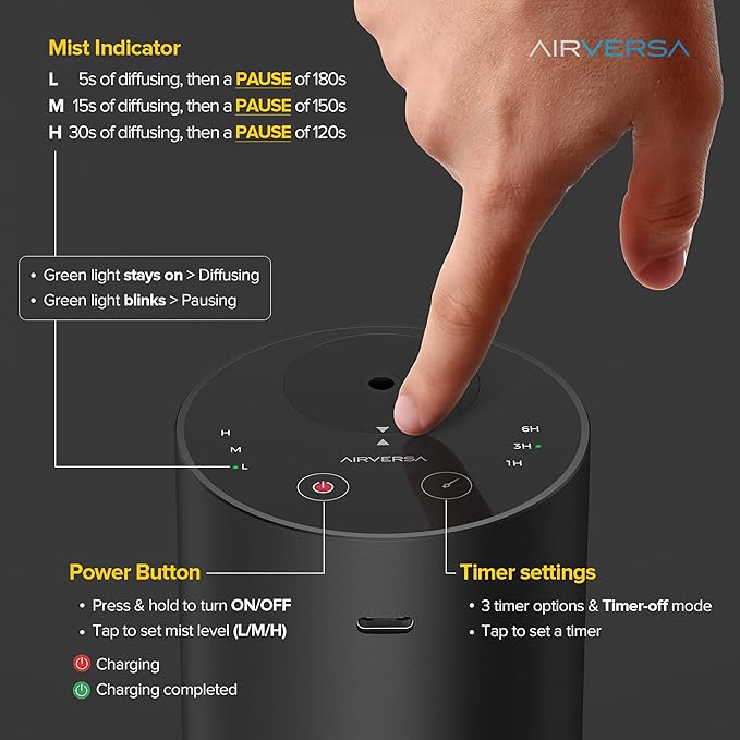 Airversa Waterless Essential Oil Diffusers Starter Kit with 4 x 10mL Hotel Scent Fragrance Oil, Aluminum Housing, Battery Operated Mini Scent Air Portable Diffuser for Home Car Titanium Kit
