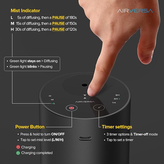 Airversa Waterless Essential Oil Diffuser Starter Kit with 4 x 10mL Hotel Scent Fragrance Oil, Aluminum Housing, Battery Operated Mini Scent Air Portable Diffuser for Home Car Office, ADX Kit Black