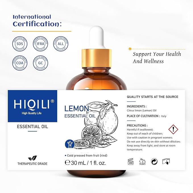 HIQILI Lemon Essential Oil for Cleaning, Skin, Diffuser - 1 Fl Oz/30ML