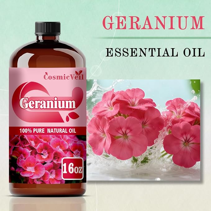 Geranium Essential Oil Geranium Oil for Aroma Diffuser,Humidifier,Home Fragrance,Cleaning,Body Care,Massage,Yoga,DIY Candle,DIY Soap CosmicVeil（Geranium，16 Fl Oz (Pack of 1)）
