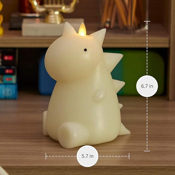 Luminara Flameless Dinosaur Figural Color Changing LED Candle, 5.7" x 6.7", Real Wax Moving Flame Battery Operated w/ 18 Button Remote, Unscented Safe